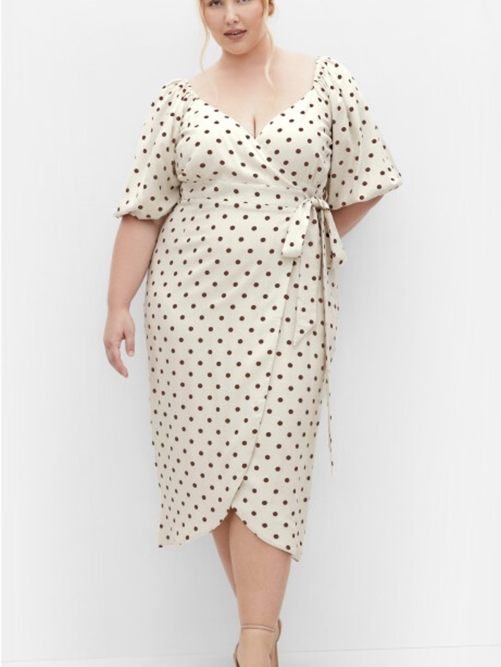 City Chic Cream Wrap Midi Dress with Brown Polka Dots 2X